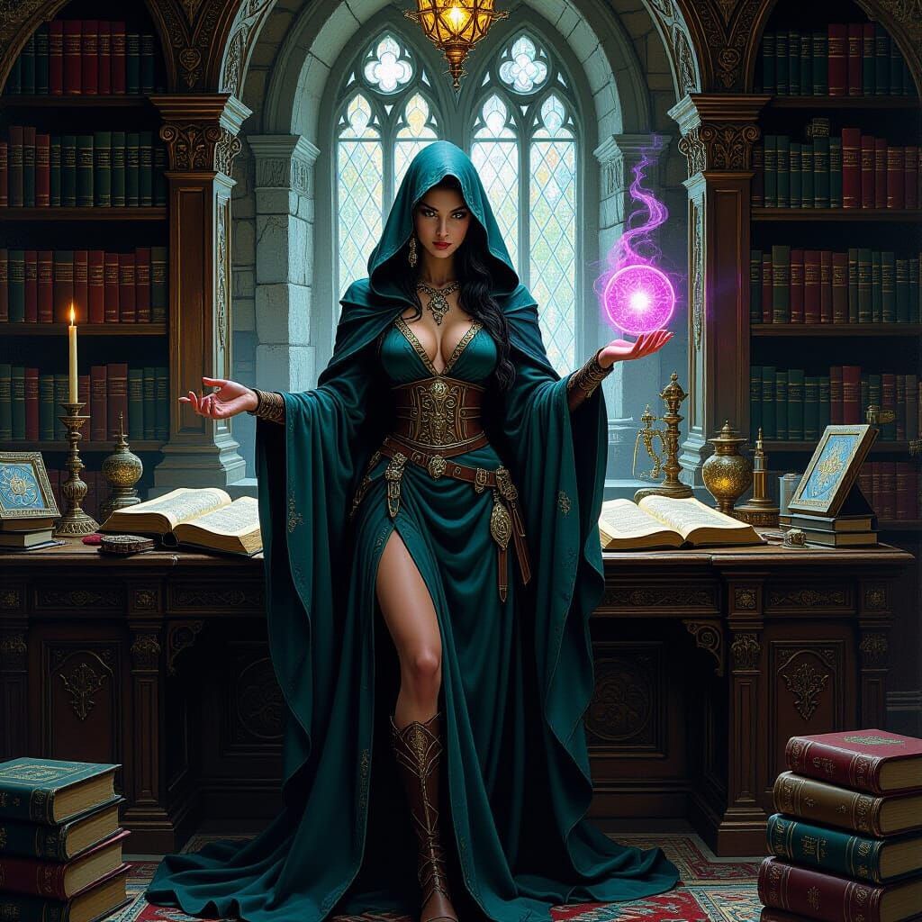 Female Mage in Ornate Study as Oil Painting