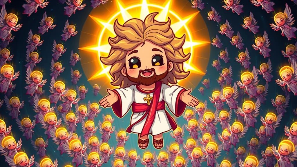 Chibi Jesus Welcomes Saints in Neon Heaven