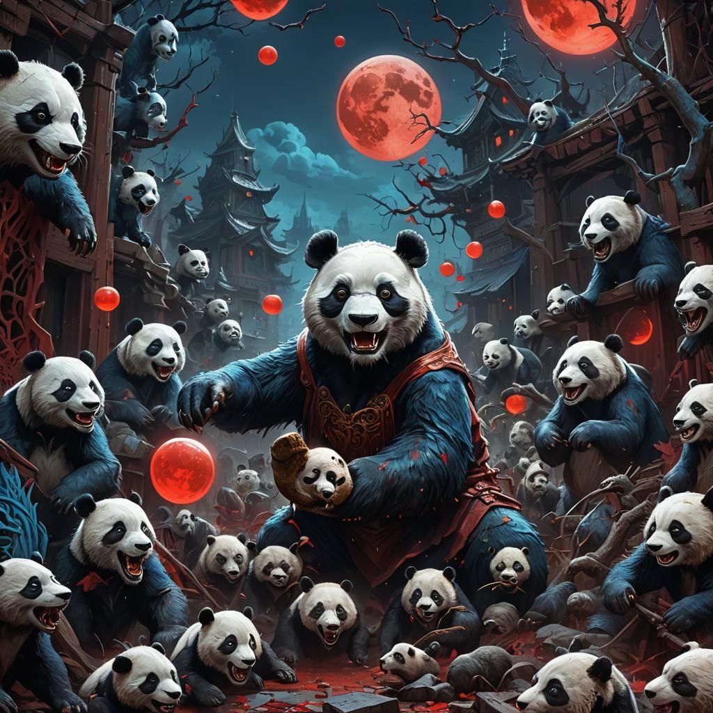 Blue Wolf Panda under Red Moon in Detailed 3D Rendering