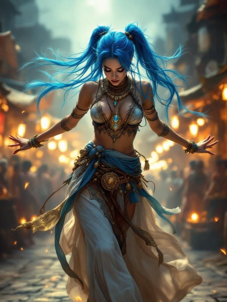Blue-Haired Dancer in Bustling Market, Ethereal Portrait