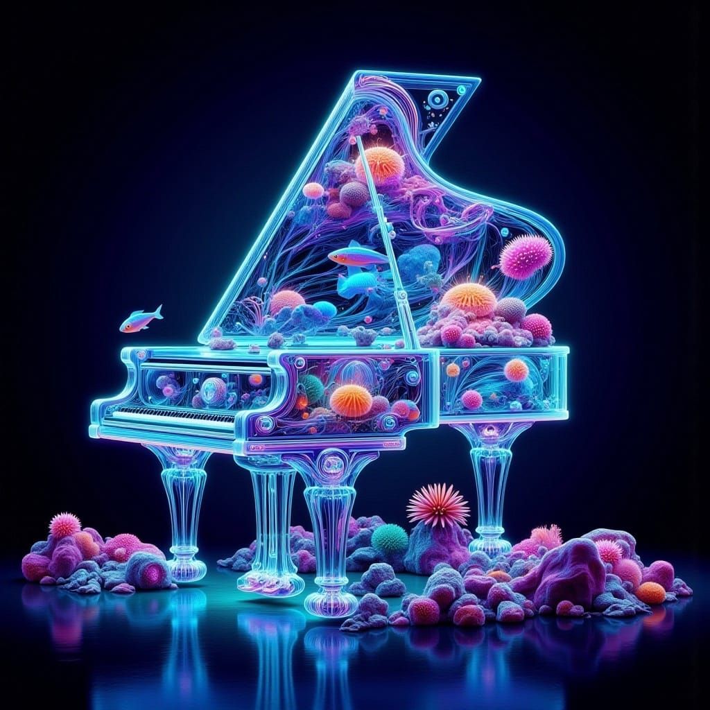 Neon Fish Aquarium on Glass Piano: Cinematic Dreamscape