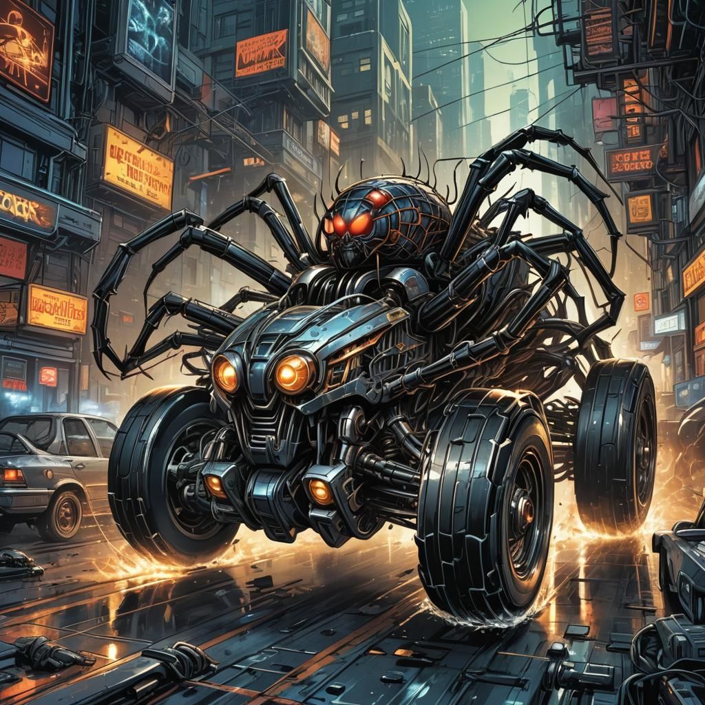 Cybernetic Spider Car in Comic Book Art Style