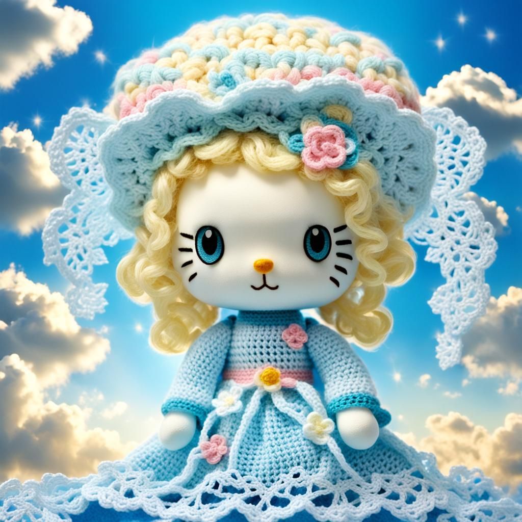 Crocheted Hello Kitty Angel in Blue Sky