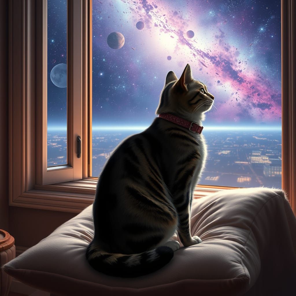 Tabby Cat Gazing at Outer Space Vista