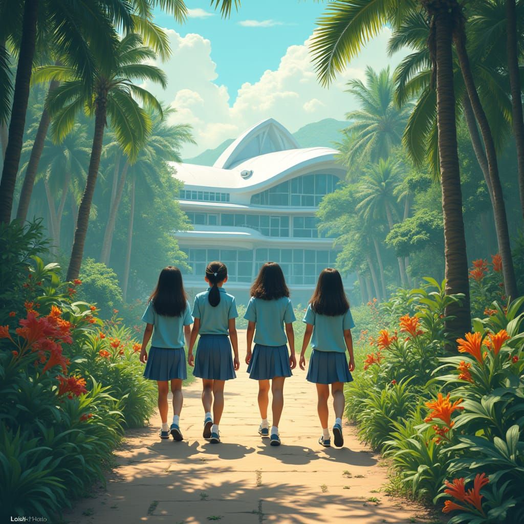 Students Walk Towards Futuristic School Amidst Tropical Para...