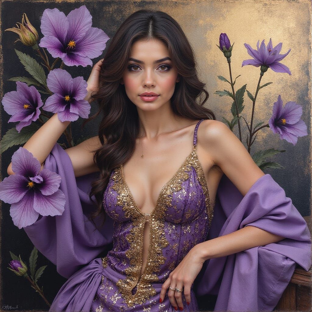 Elegant Woman Surrounded by Florals as Hyperrealistic Painti...