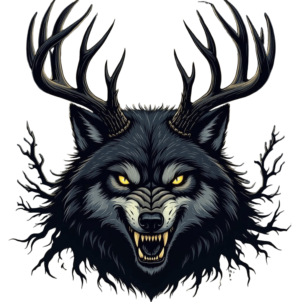 Terrifying Wolf With Deer Antlers Dark Fantasy Illustration