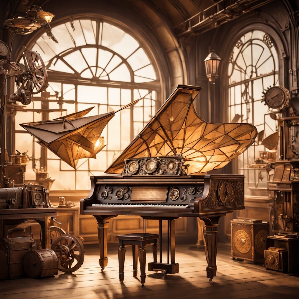 Steampunk Piano Masterpiece in Intricately Folded Origami Pa...