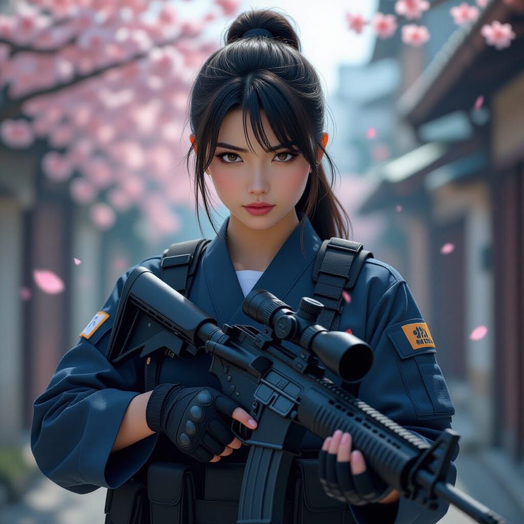 Japanese College Girl in Military Attire with Hunting Rifle