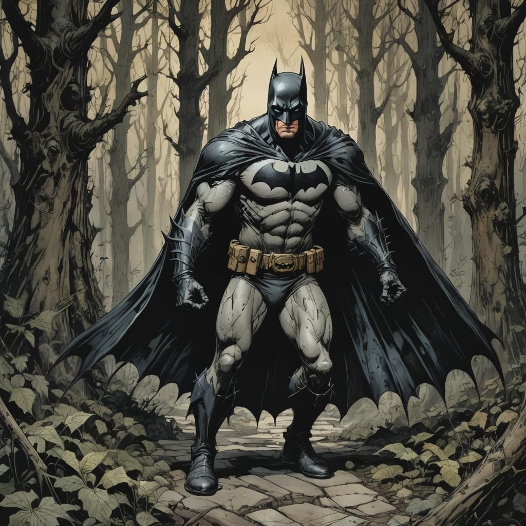 Batman in Dark Woods, Illustrated Fantasy Art