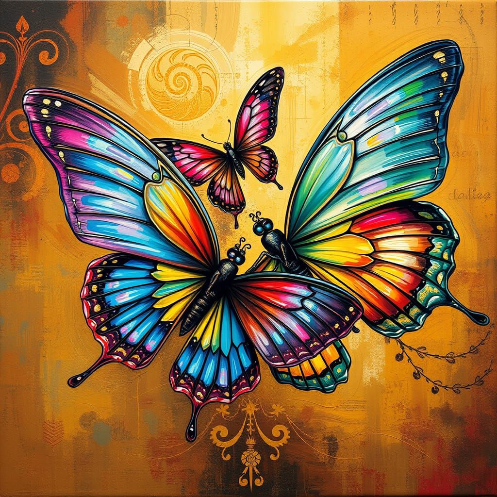 Surreal Impasto Oil Painting of Dancing Butterflies in Vibra...