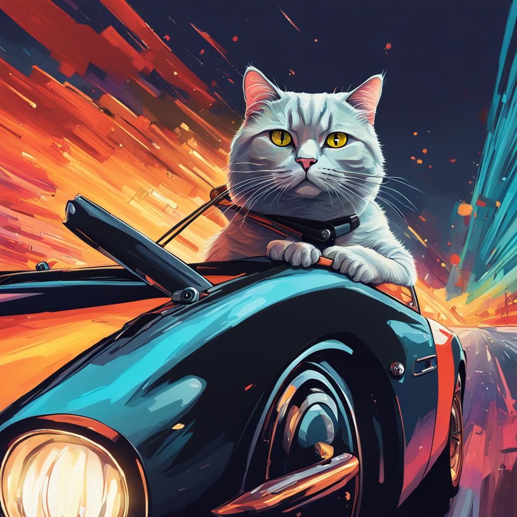 James Bond Cat Drives Aston Martin, Hyperrealistic Art