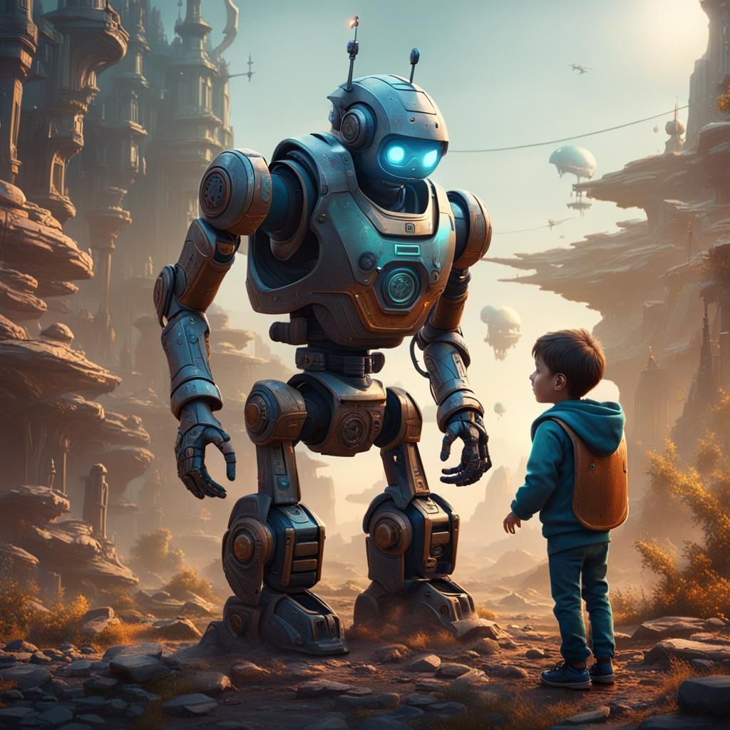 Humanoid Robot Conversing with Boy: Detailed Digital Art