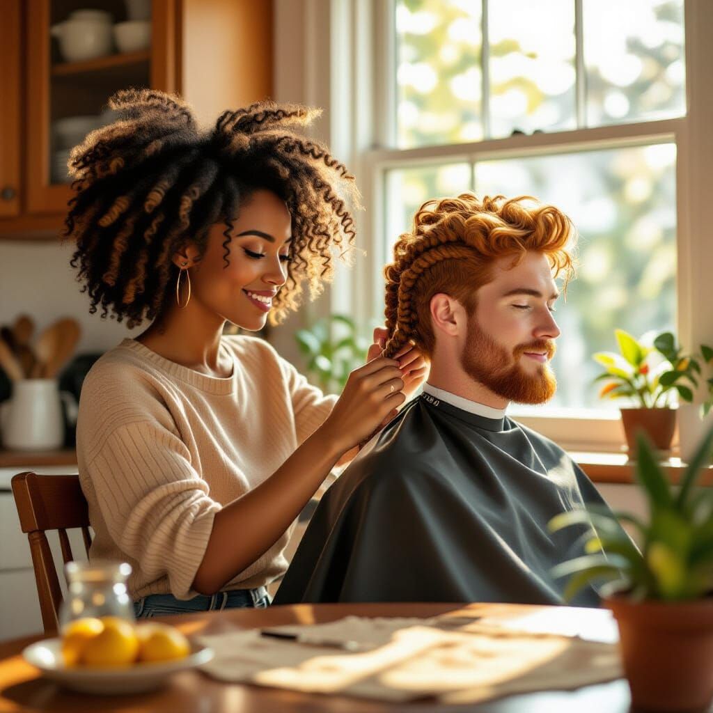 Coily Haired Woman Braids Ginger Man's Hair in Kitchen