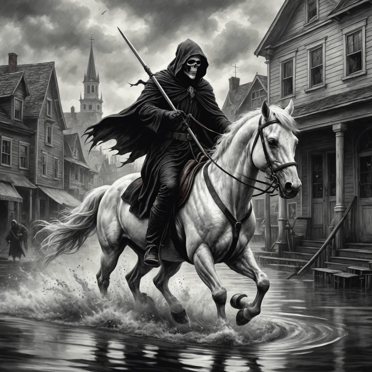 Grim Reaper Rides Through Flooded Town: Charcoal Art