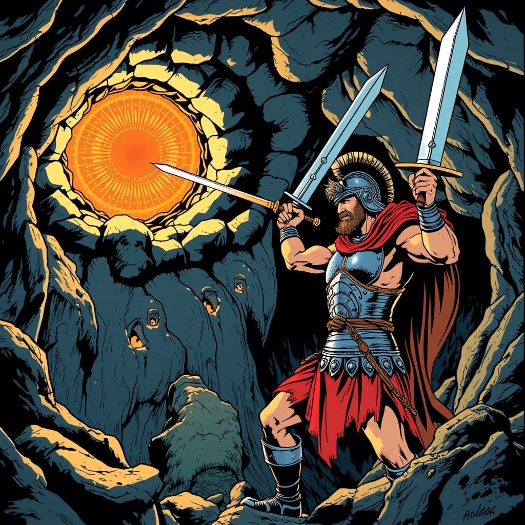 Greek Warrior Battles Cyclops in Cave Comics Art