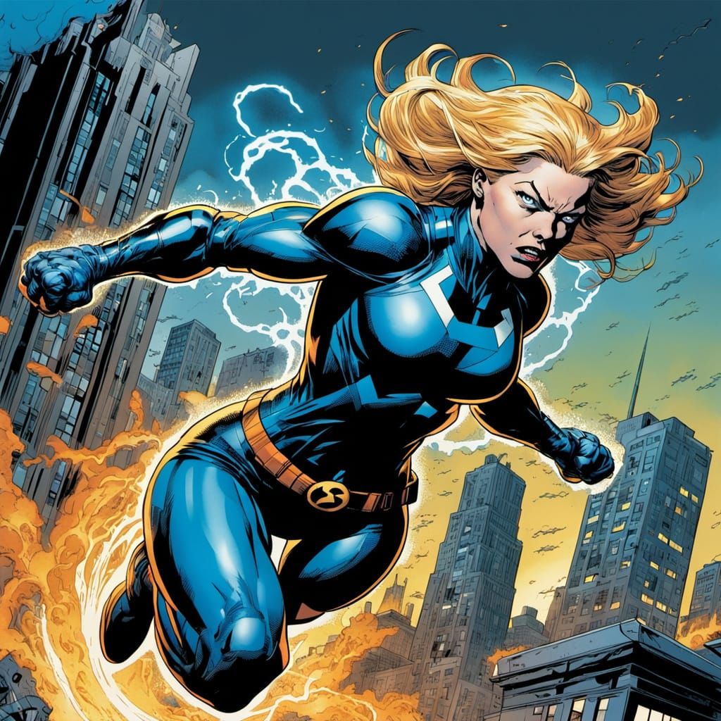 Sue Storm Jumps Off Building in Dynamic Comic Art Style