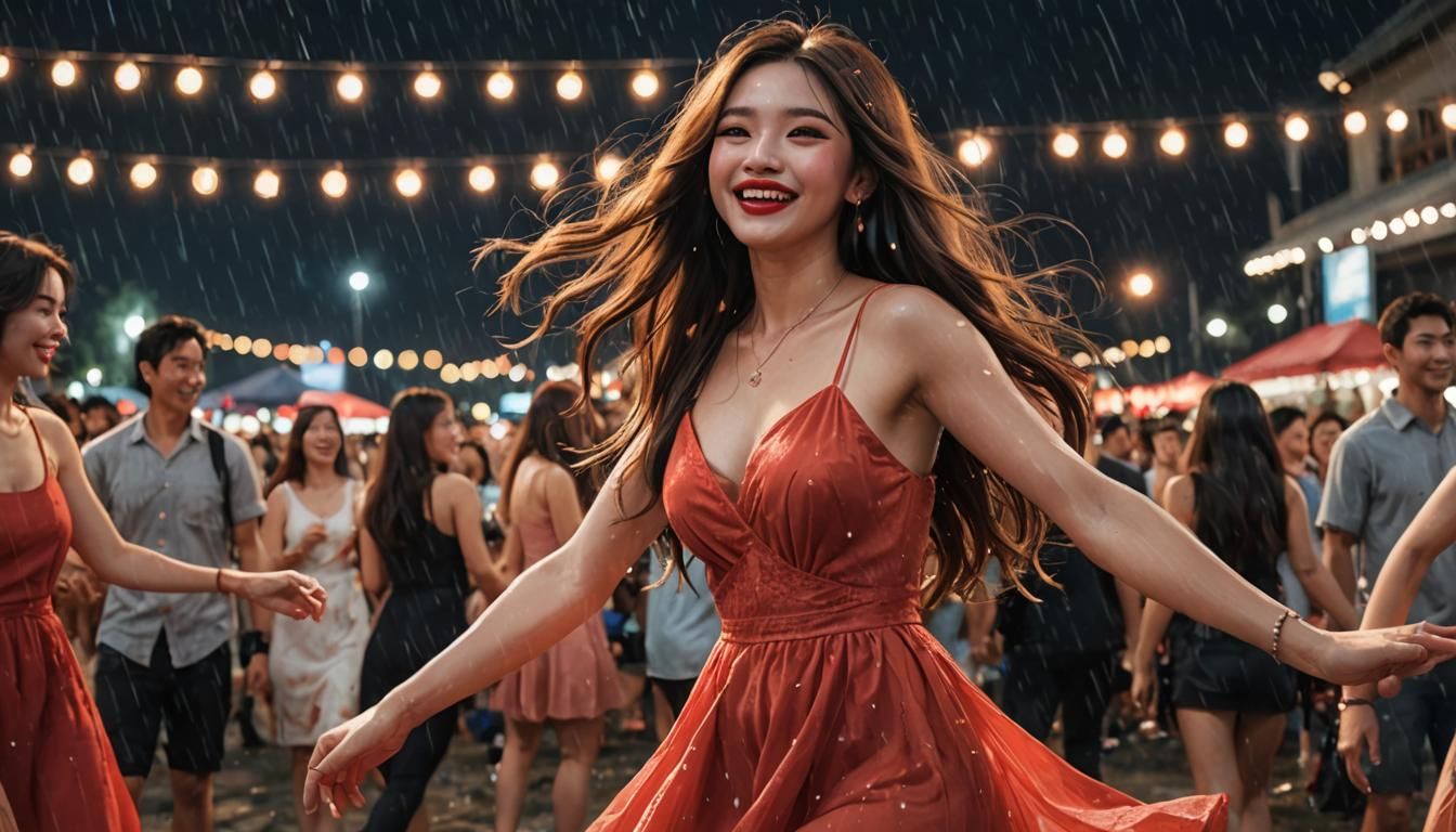 Dancing Girl in Red Dress at Music Festival