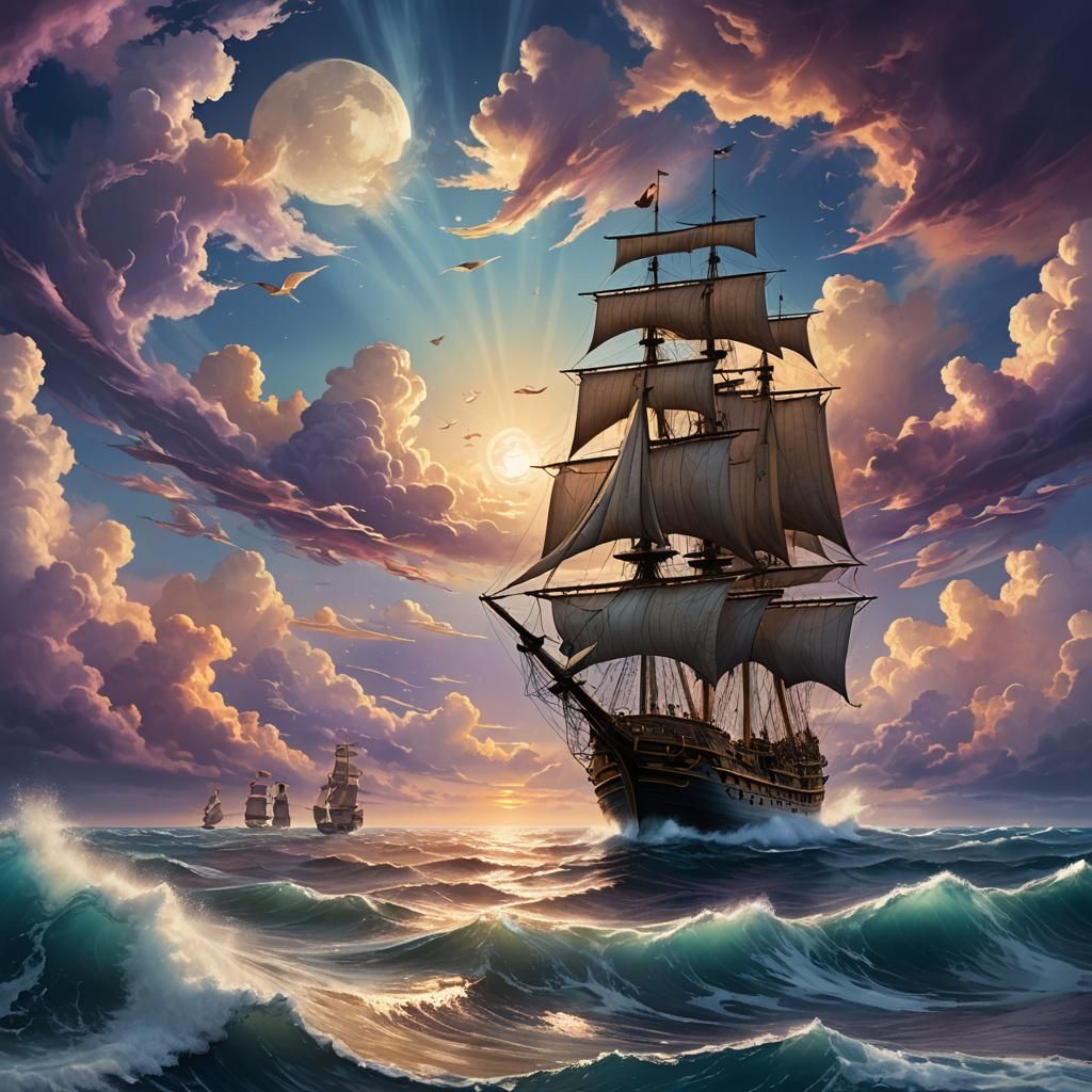 Dreamlike Sky Ships in Fantasy Seascape