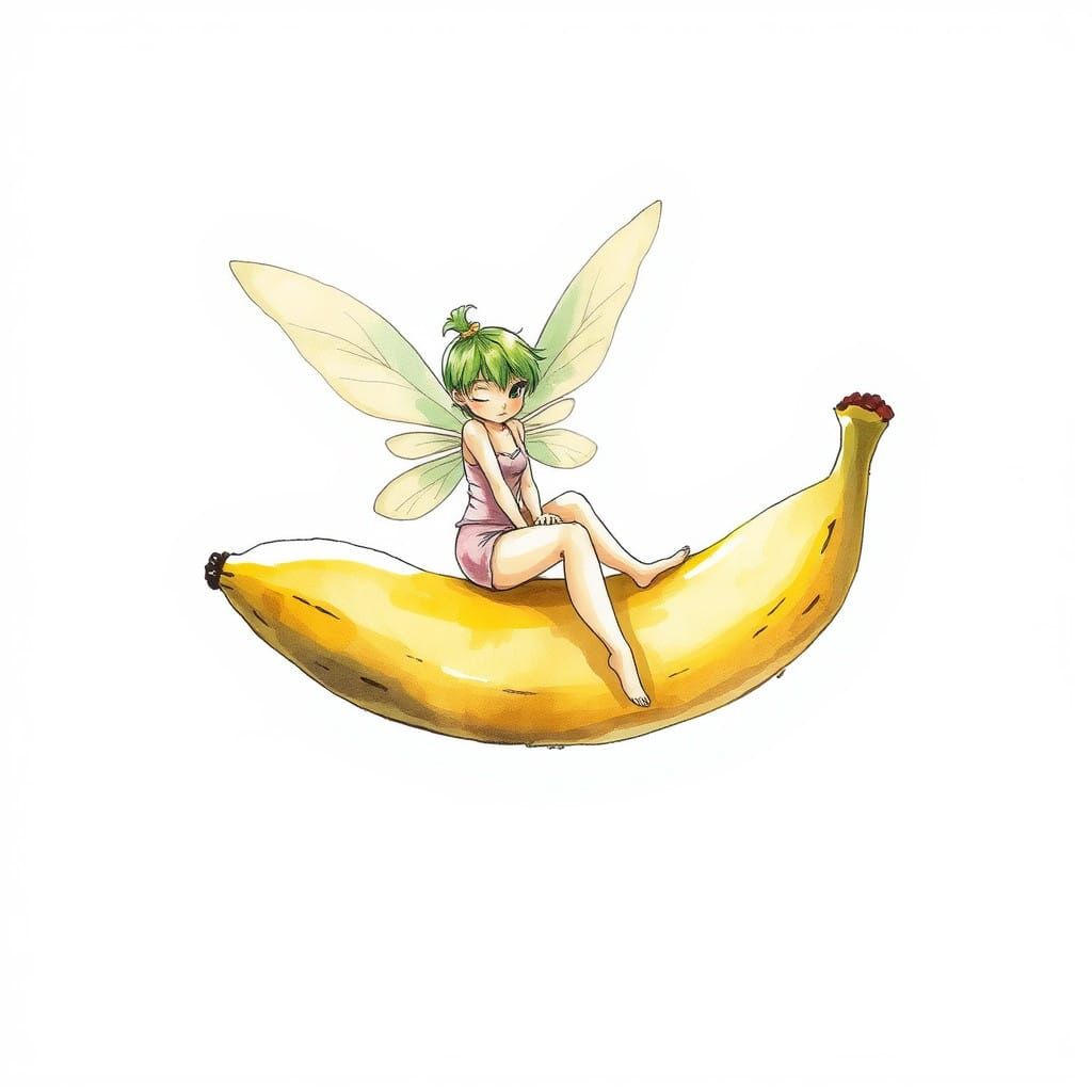 Whimsical Fairy on a Yellow Banana, Ink Watercolor Art