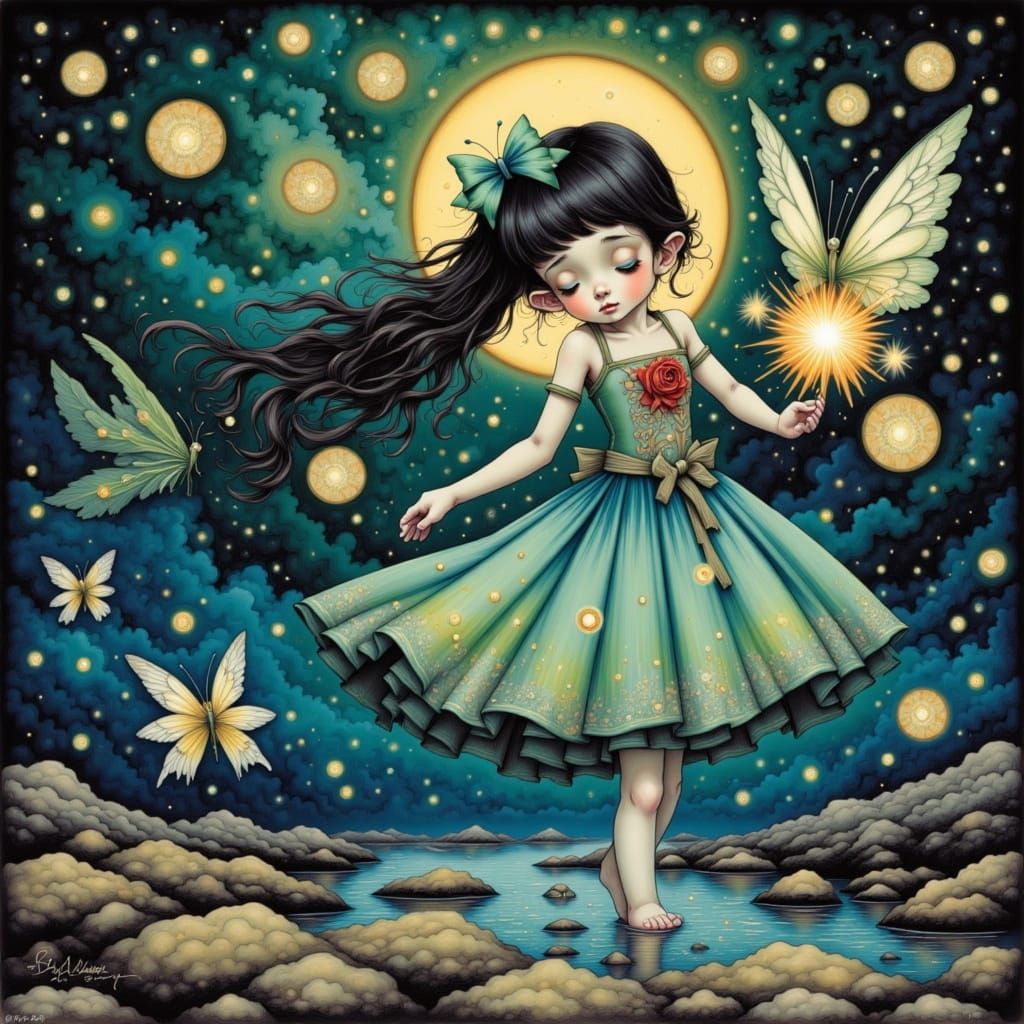 Fairy in Funky Dress Flies Over Stream Under Moonlight