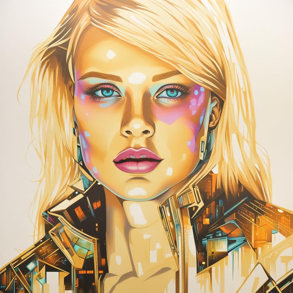 Blonde in Neon Cityscape, Hyperrealistic Portrait
