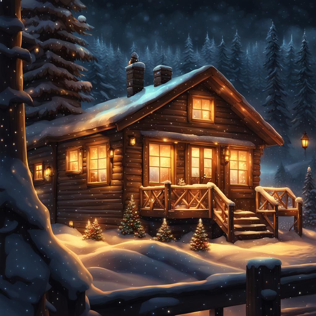 Cozy Winter Cabin Scene in Magical Realism