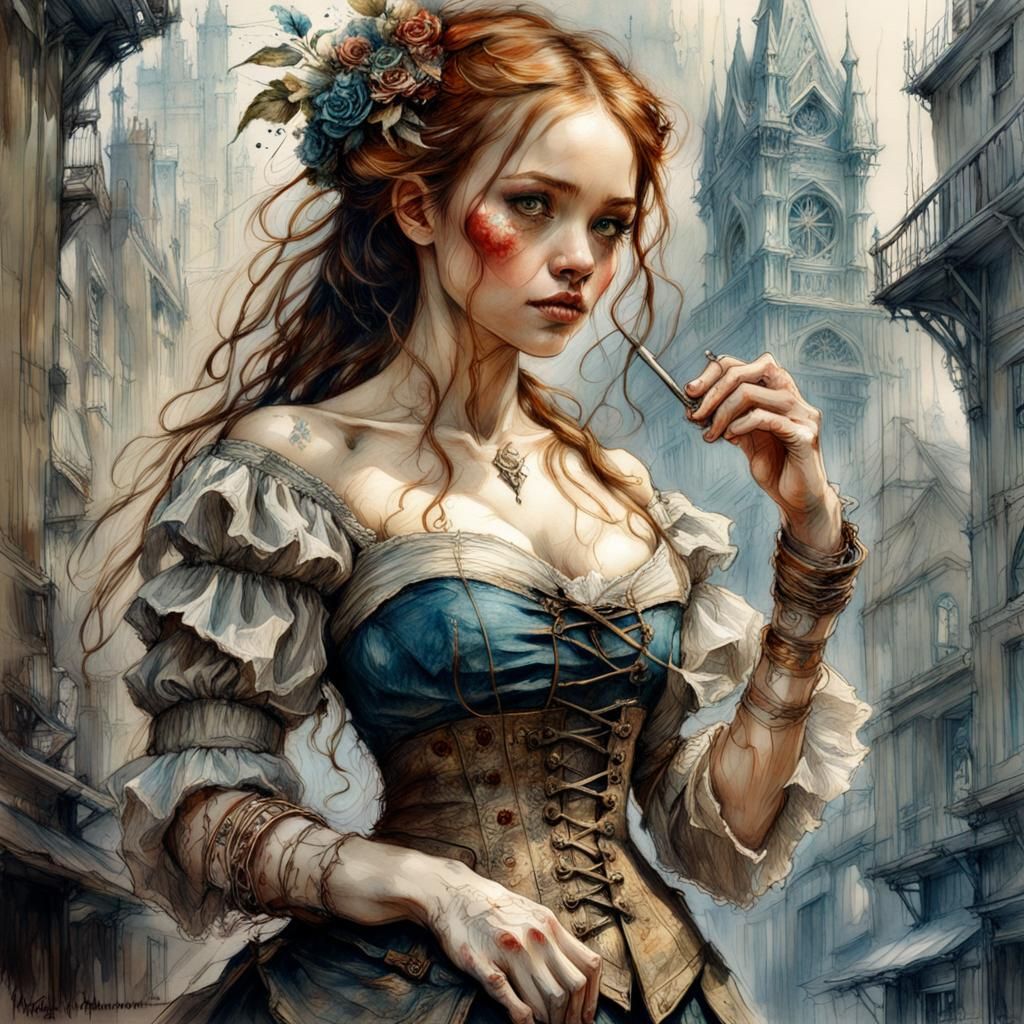 Gorgeous young woman, victorian asthetic. fantasy, detailed, Jean Baptiste Monge, Carne Griffiths, Michael Garmash, seb ...