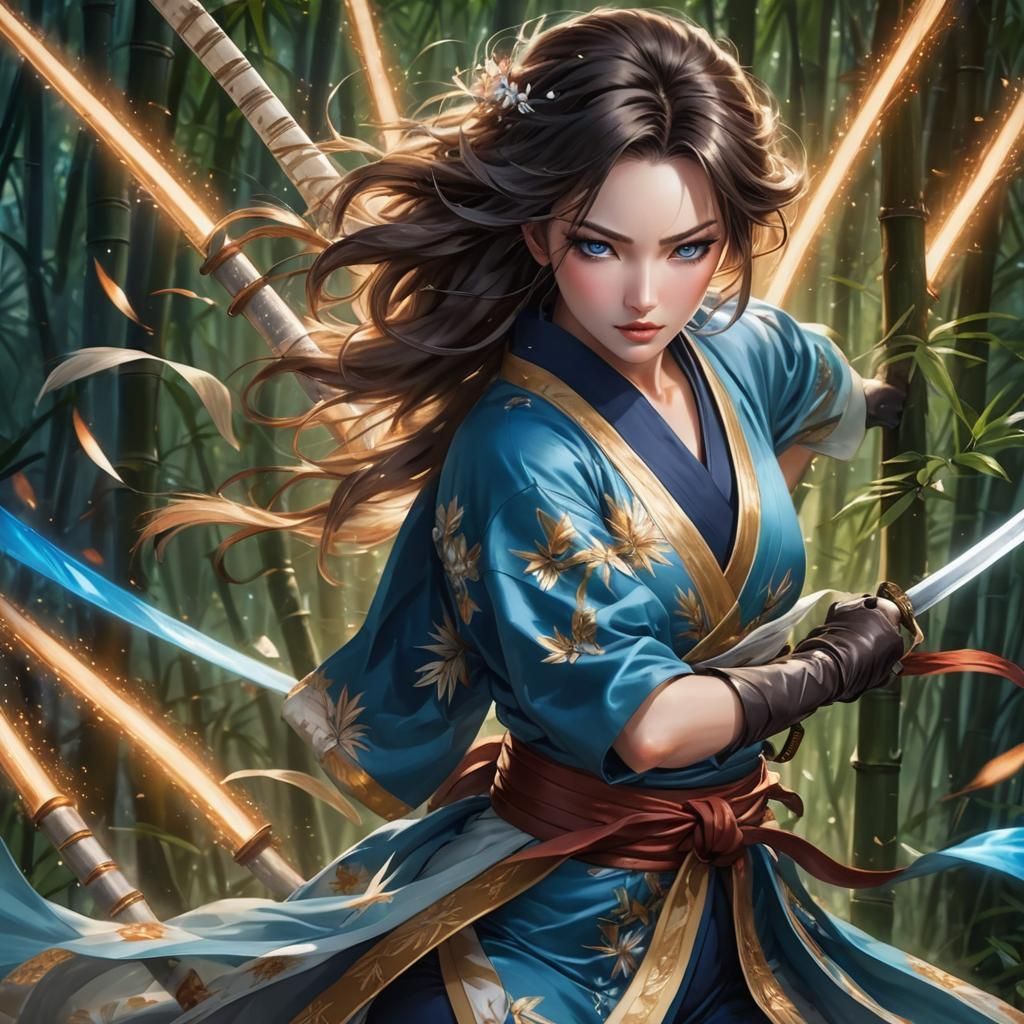 beautiful woman warrior on the attack surrounded with flying...