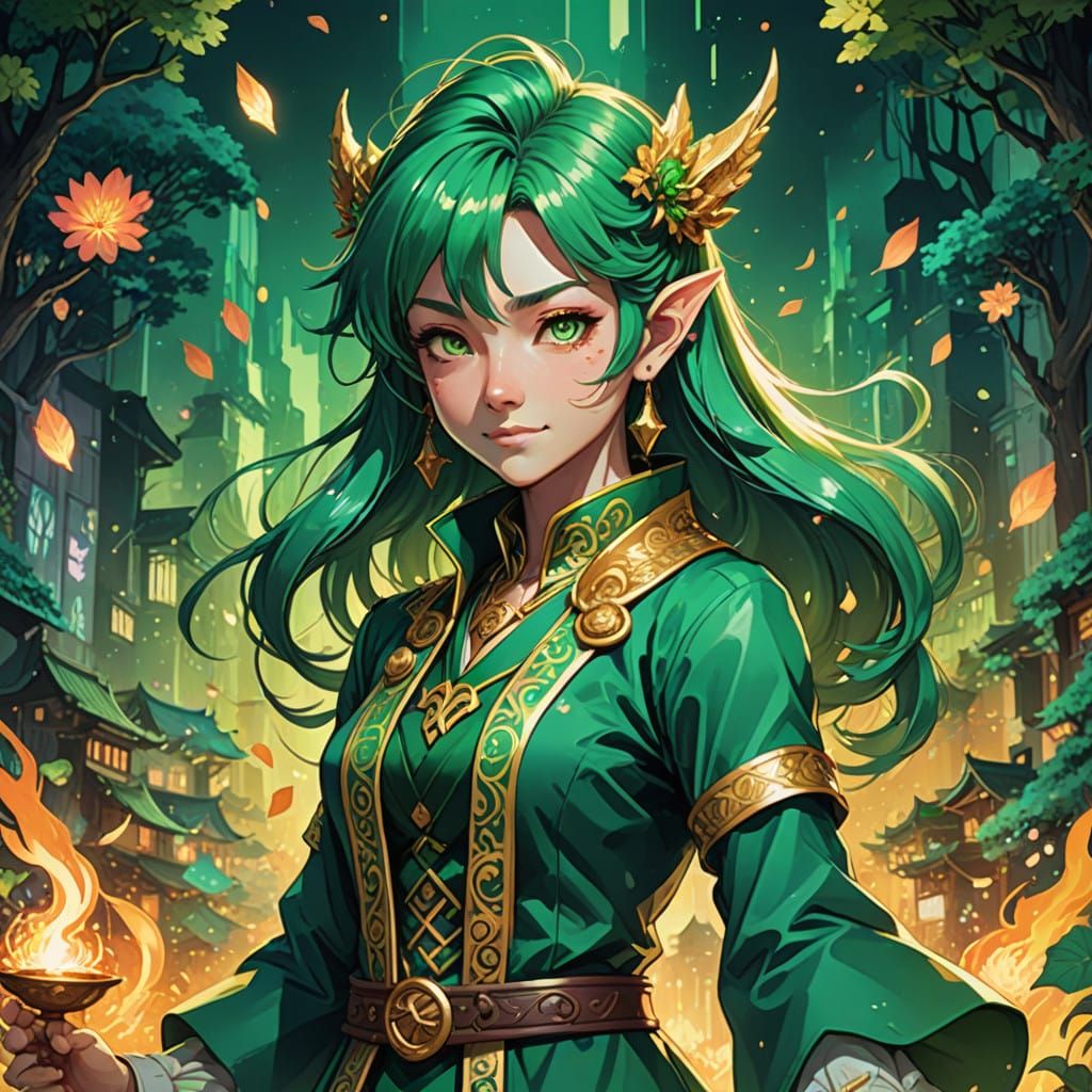 Vibrant Anime Leprechaun Half-Goblin in Emerald Coat