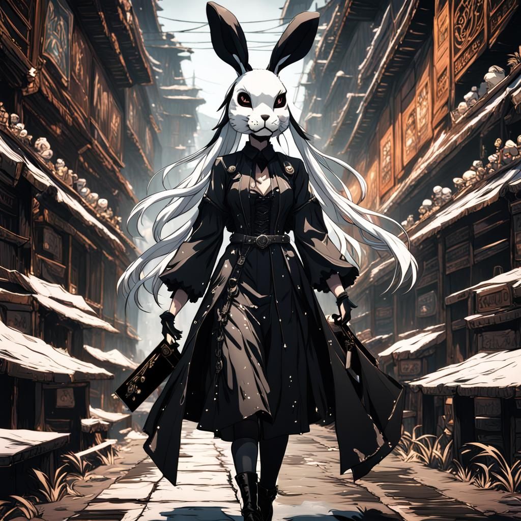 Anime Girl with Rabbit Mask: Detailed Digital Art
