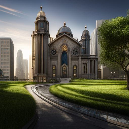 Futuristic Synagogue: Hyperrealistic Cityscape in Detailed M...