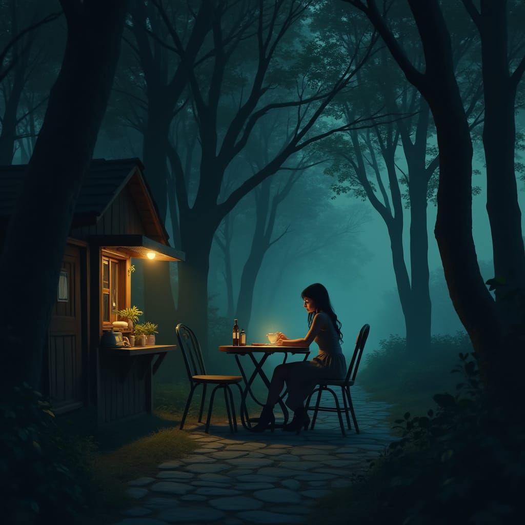 Enchanted Forest Cafe Under Starry Night
