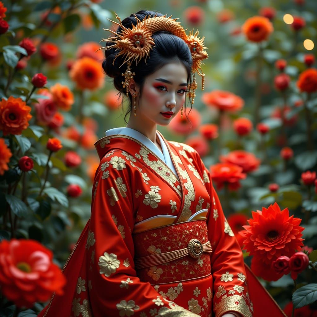 Stunning Geisha in Luxurious Kimono Walking in a Japanese Ga...