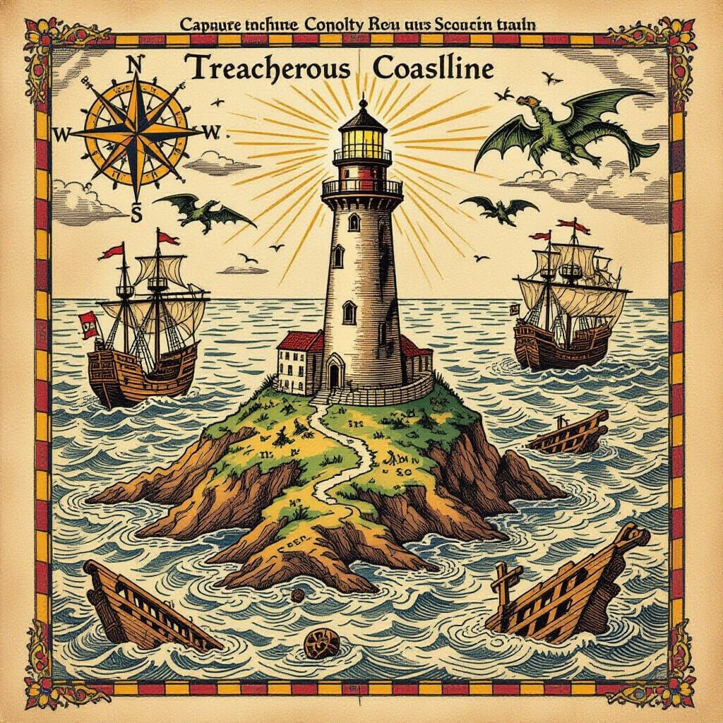 Vintage Map of Treacherous Coastline with Sea Monsters