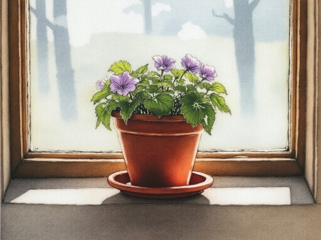 Horned Violets in Watercolor Flowerpot on Windowsill