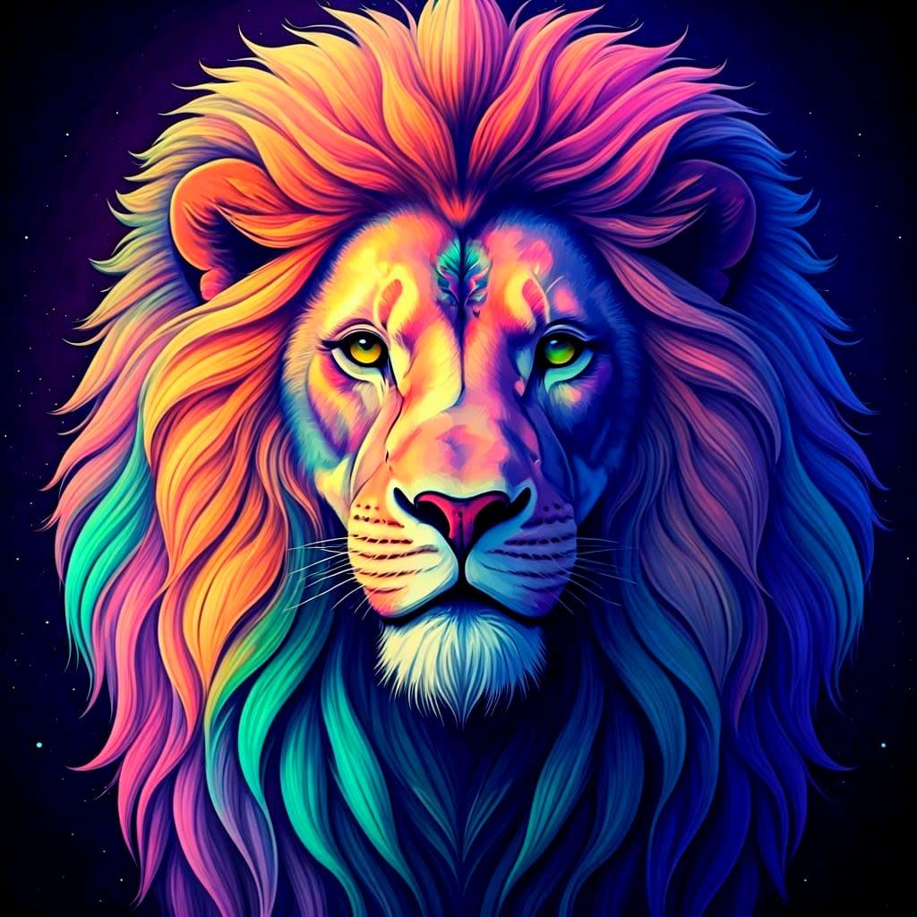 Rainbow Lion Head in Holographic Astral Style
