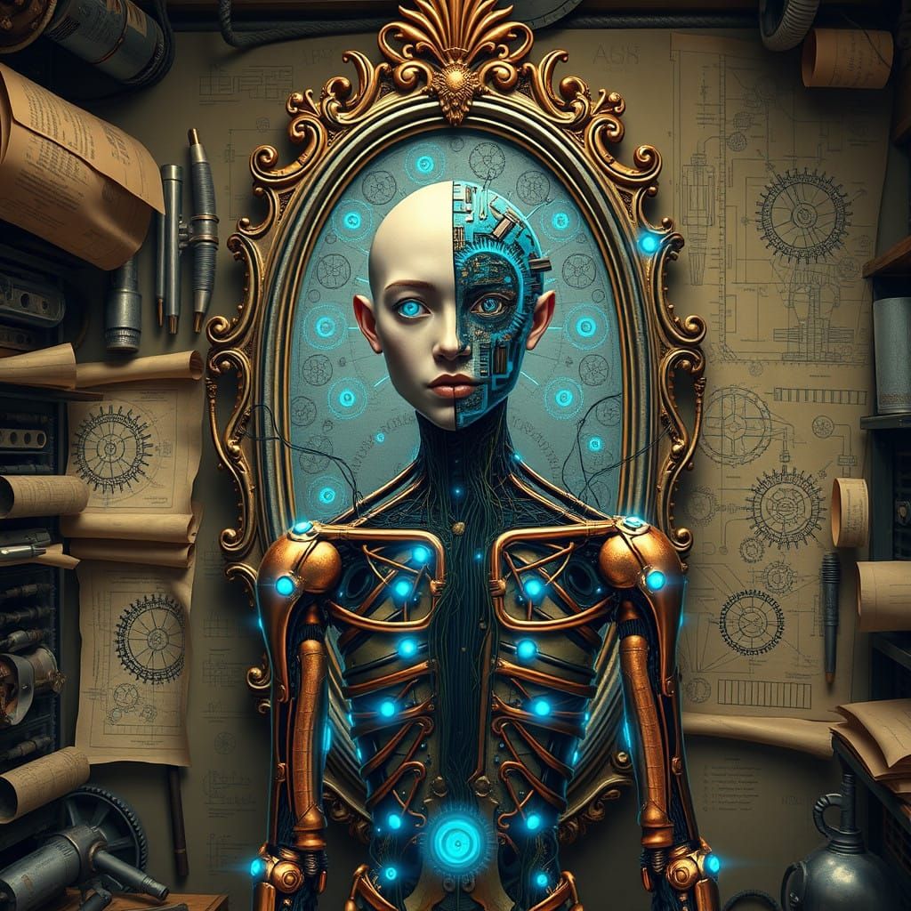 Humanoid Figure Reflects in Baroque-Style Mirror with Gears...