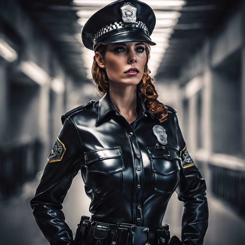 Hyperrealistic Female Police Officer in Latex Uniform