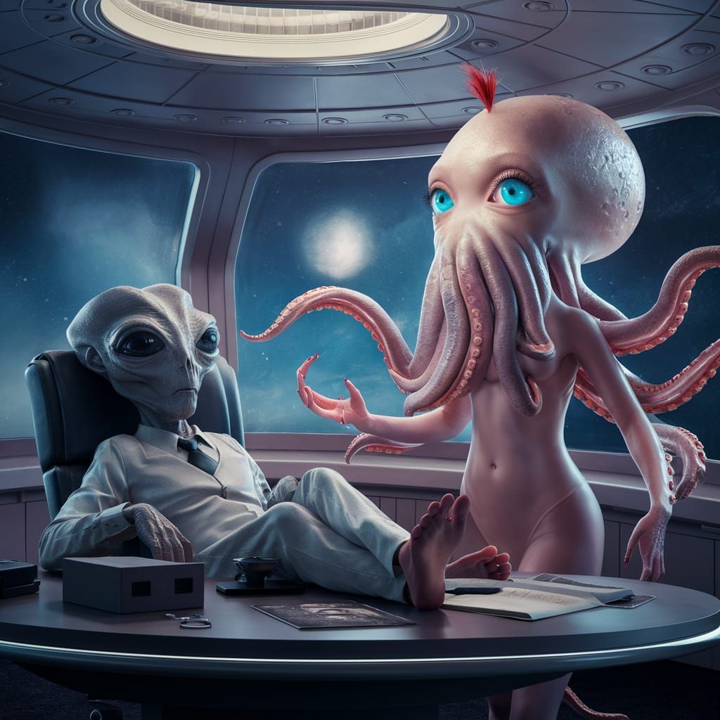 Tentacled Being and Gray Alien in Flying Saucer