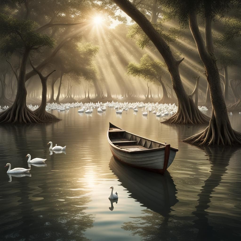 Mangrove Swamp: Old Boat and White Geese