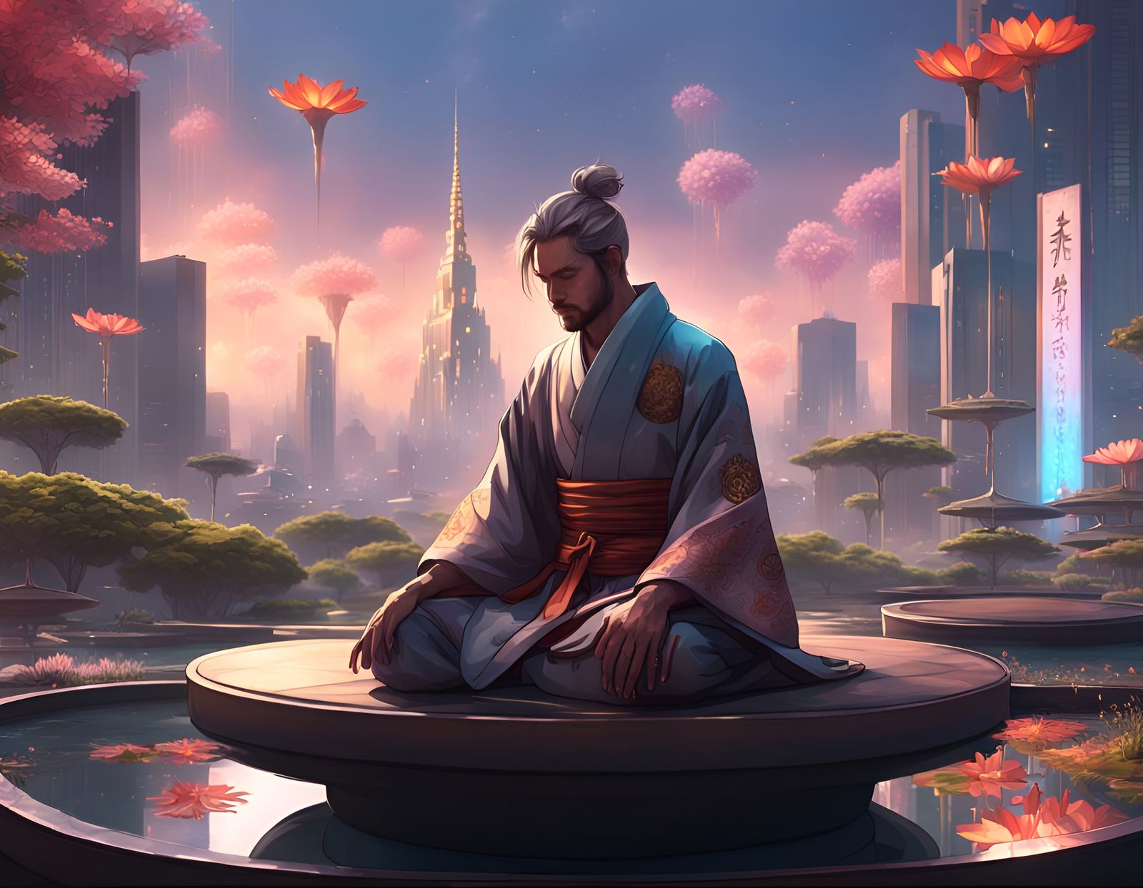 Android Serenity in Futuristic Zen Garden