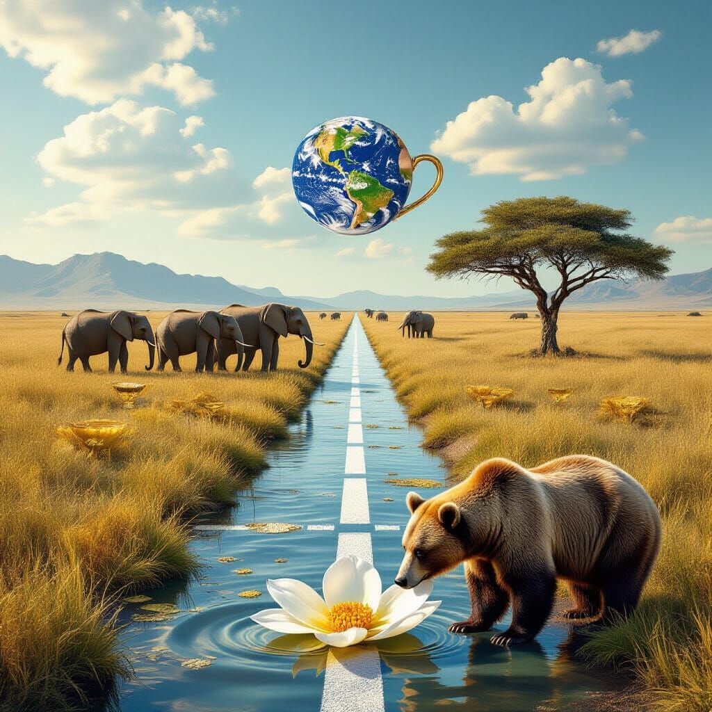 Surreal Savanna Elephants and Globe Landscape
