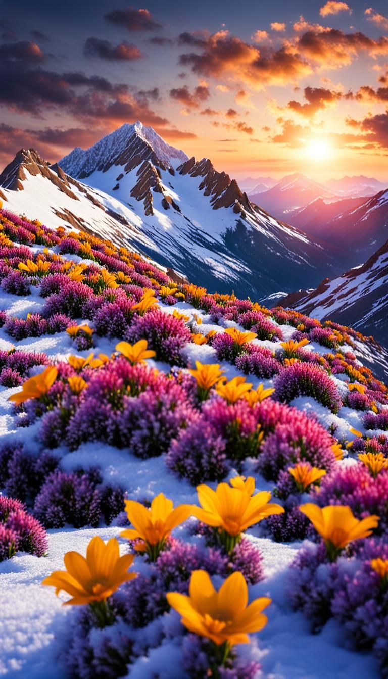 Mountain Landscape with Flowers and Setting Sun