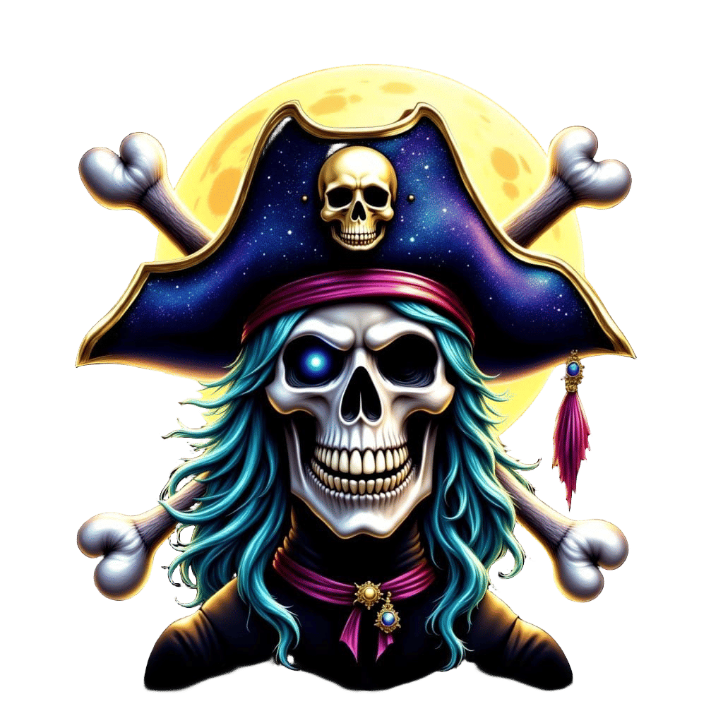 Glitter Pirate Skull with Captain's Hat Under Moon