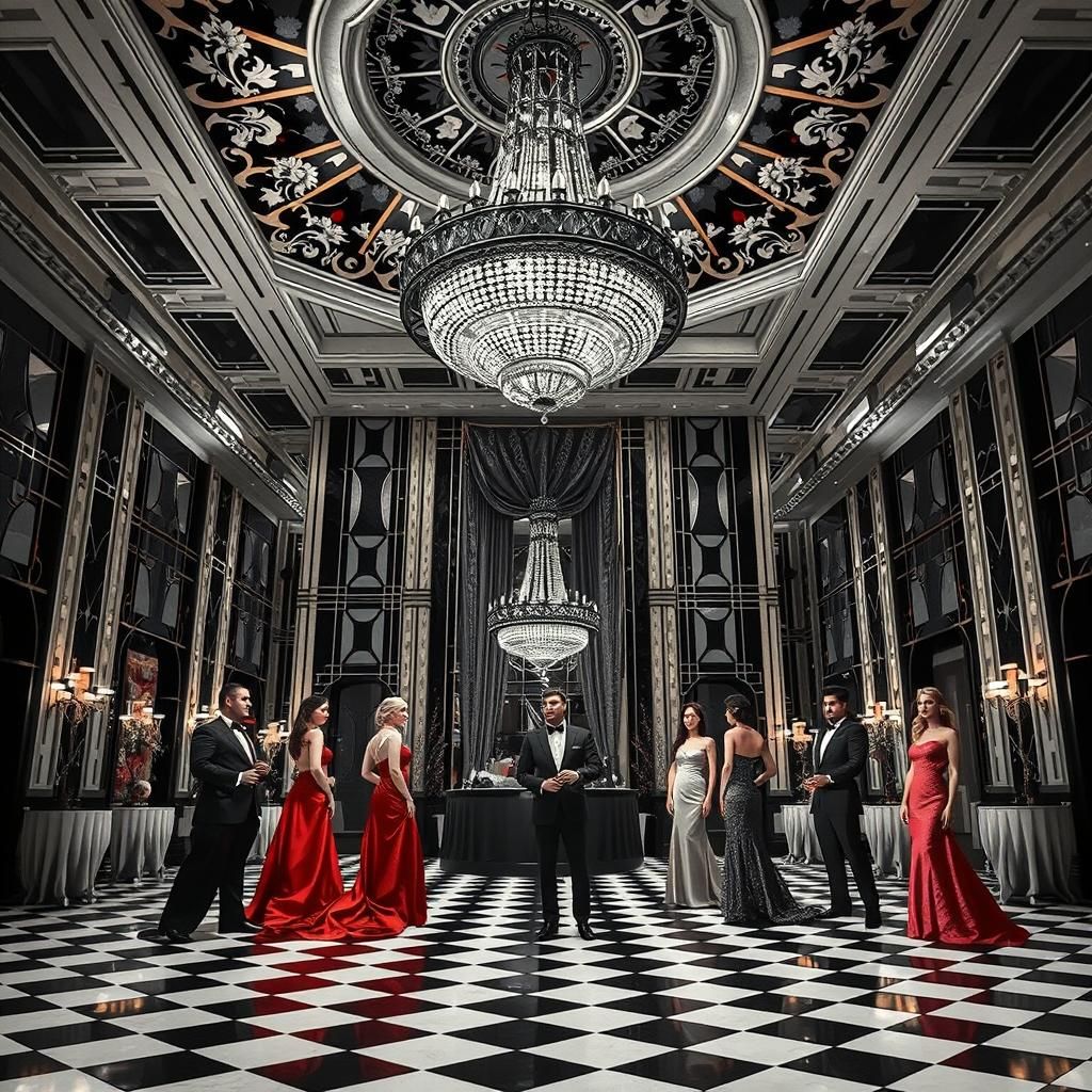 Opulent Art Deco Ballroom Scene in Black and White