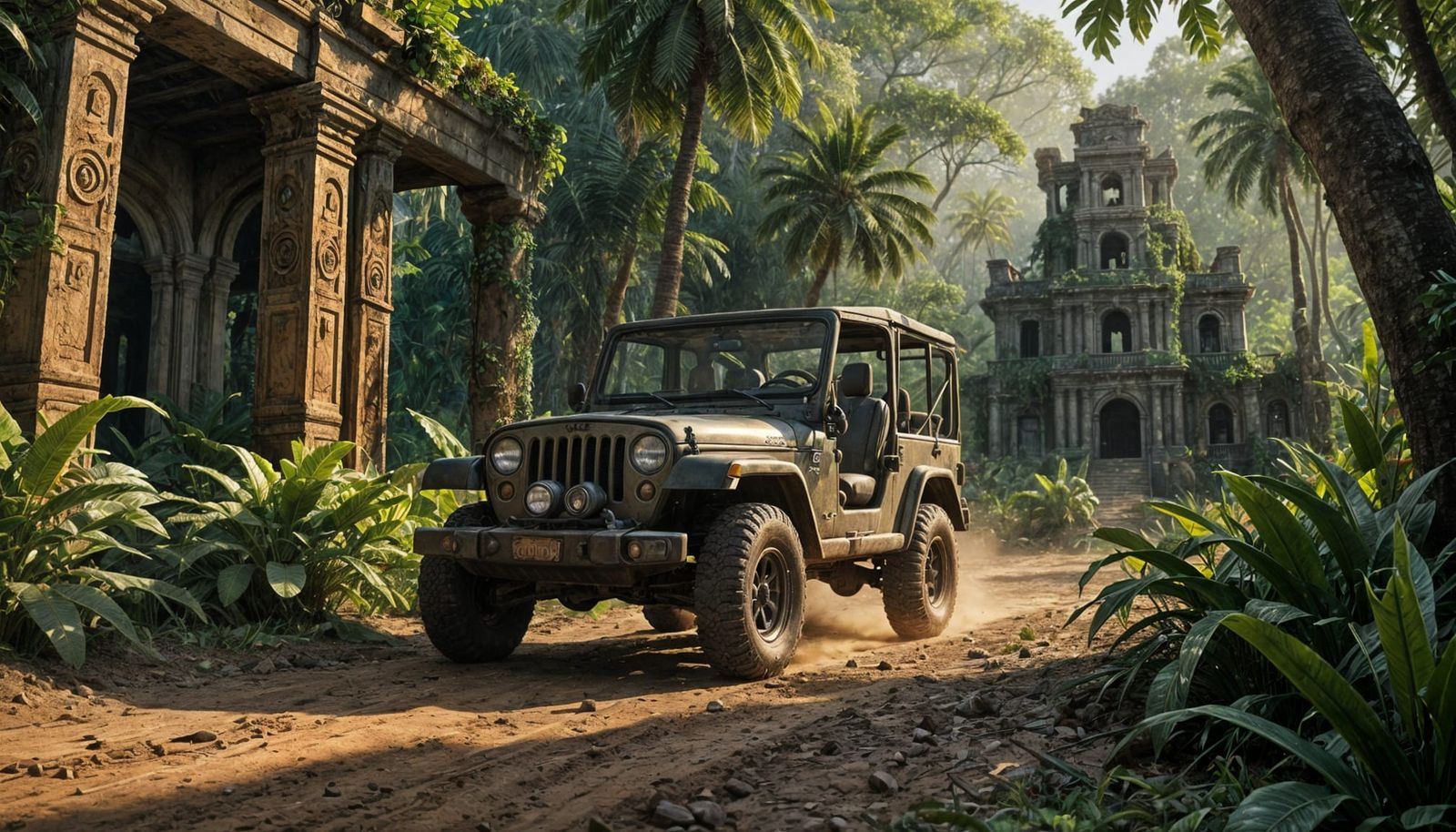 Tropical Jungle: Jeep on Dirt Track Painting