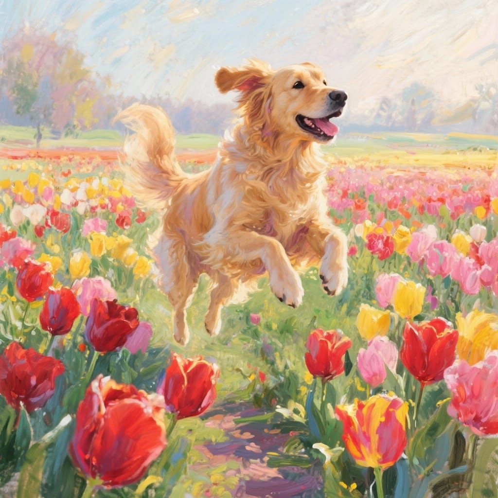 Golden Retriever Leaps Through Vibrant Tulip Field in Impres...