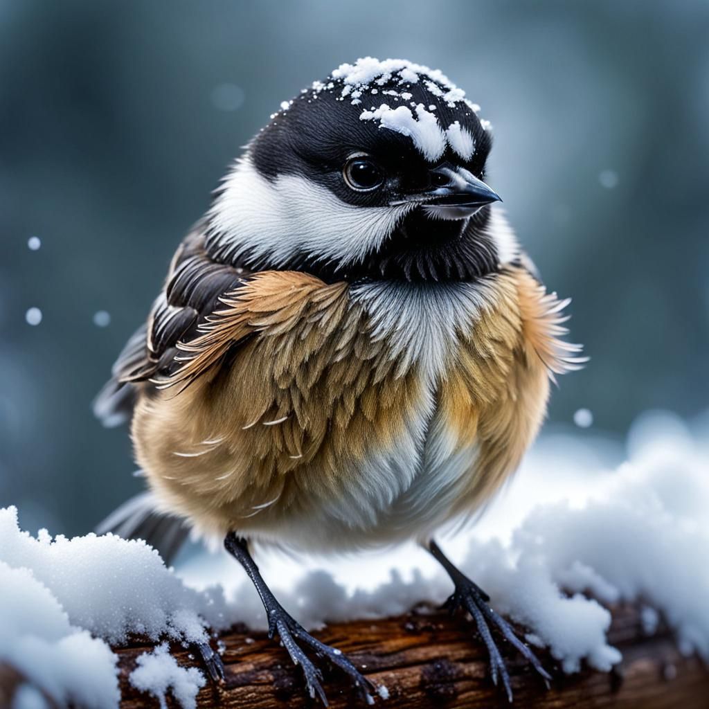 Hyperrealistic Chickadee Portrait in Snow, Cinematic Lightin...