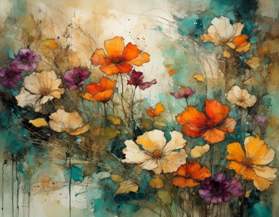 Botanical Floral SceneScape with Impressionist Brushstrokes